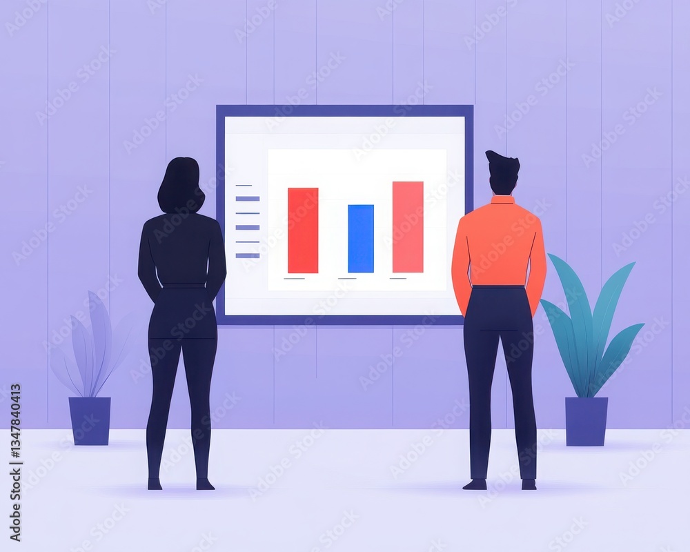 Poster two figures observe a bar chart presentation in a modern, minimalistic setting, with plants enhancin
