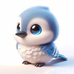 Obraz premium Adorable 3D baby jaybird with soft blue and white feathers, isolated on white.