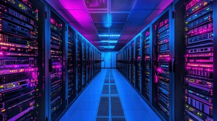 Obraz premium Neon-Lit Server Room, Glimpse into the Digital Heart