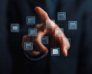 A hand interacts with digital interface elements, symbolizing technology and data manipulation in a modern, professional setting.