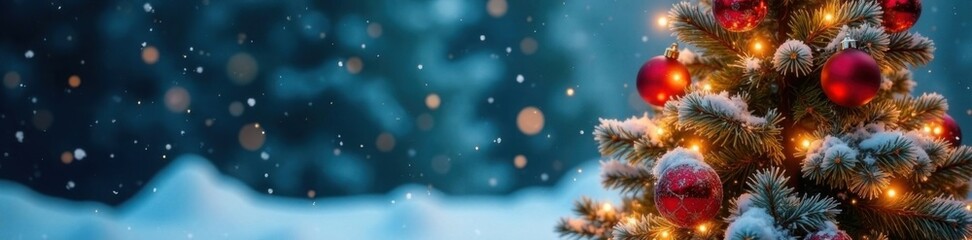 Snowy Christmas tree with garlands and baubles, festive ornaments, snowy scene, winter decor