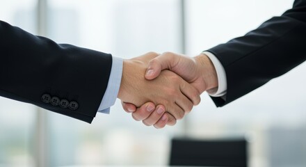 A close-up of two individuals shaking hands in formal attire, symbolizing a partnership or agreement in a professional setting, perfect for negotiations or presentations.