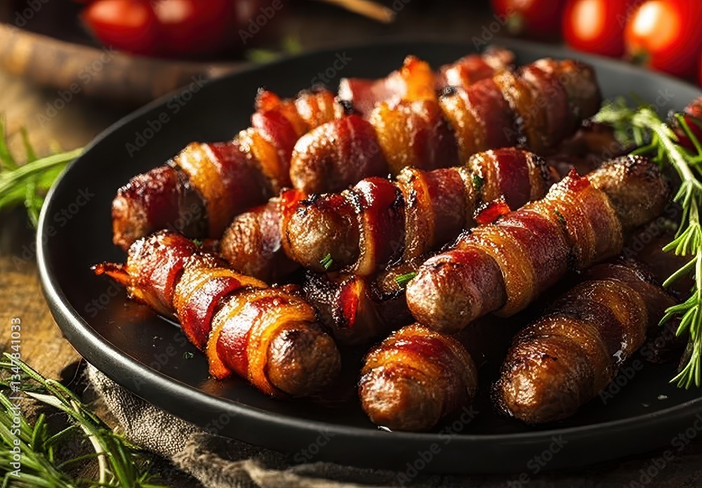 Poster deliciously wrapped sausages with crispy bacon and fresh herbs ready to serve on a rustic wooden tab