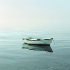 Naklejka premium A single rowboat floating on calm water under a soft pastel blue sky