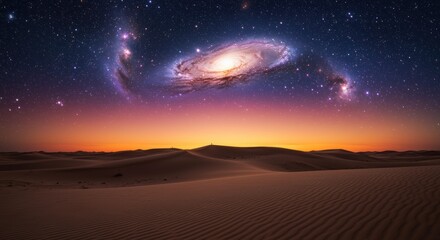 A breathtaking desert landscape under a starry sky, featuring a vibrant sunset blending into deep space with distant galaxies, evoking themes of exploration and the cosmos.