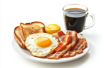 Delightful Breakfast Plate with Eggs, Crispy Bacon, Toast and Fresh Coffee Perfect for Morning Meal Inspiration and Food Photography
