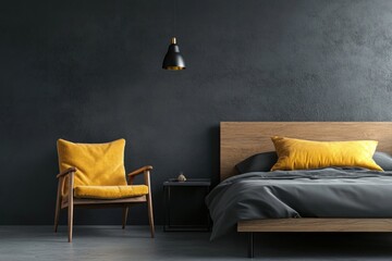 A modern bedroom interior with stylish furniture and decor