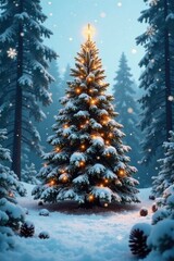 Obraz premium Snowy forest with a tall Christmas tree in the center surrounded by snowflakes and pinecones, winter, christmas, pinecones