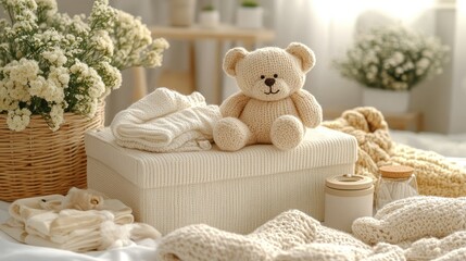 Cozy baby essentials in a neutral nursery