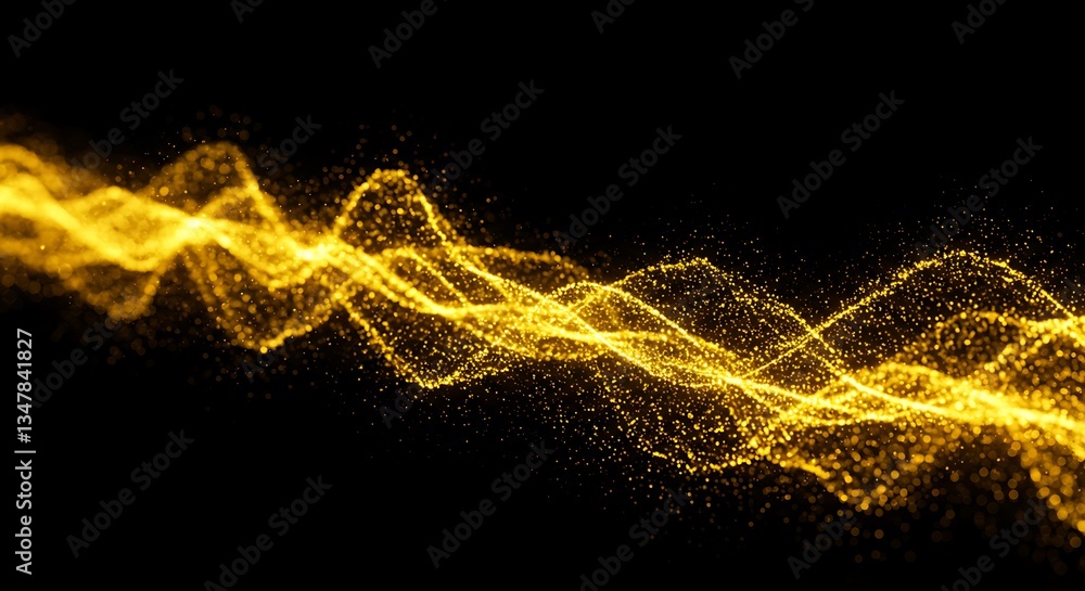 Poster golden particle wave flowing glittering on black background bokeh effect digital art