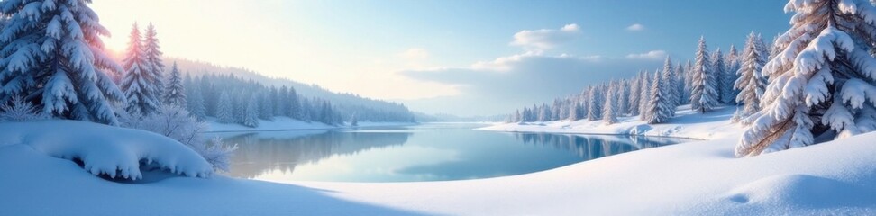 Fototapeta premium Snowy landscape with frozen lake and trees in the background, trees, frozen, winter