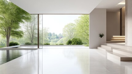 Fototapeta premium Modern, spacious open-plan living area with expansive views of lush greenery