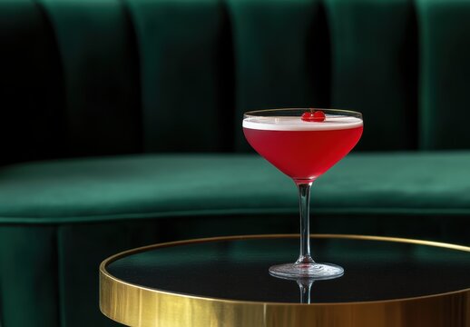 Elegant cocktail presentation with a vibrant red drink garnished with cherry served on a stylish table in a modern lounge setting with green upholstery