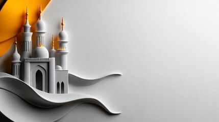 Serene minimalist Mosque design with golden accents on a clean white background