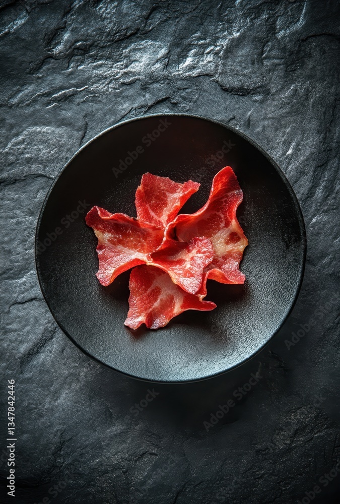 Poster elegant display of pink and red beef slices on a black plate against textured dark stone surface usi
