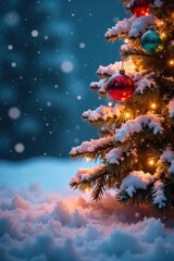 Snowy winter background with Christmas tree, ornaments and lights, Decorative lights, Christmas tree, Christmas decor