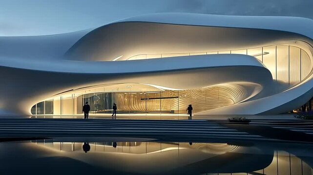 Modern architectural marvel illuminated at dusk with reflections