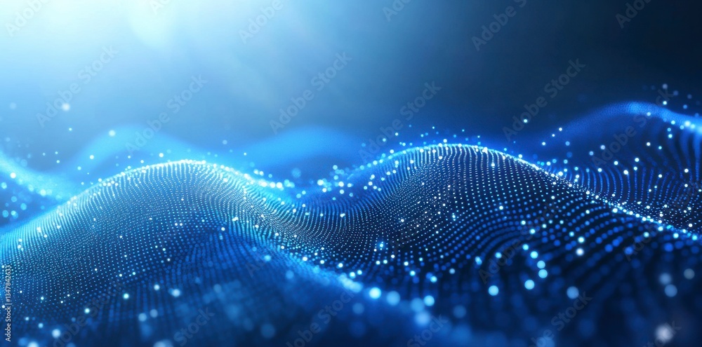 Poster abstract background with a blue wave of dots and a glowing light effect on a gradient sky-colored ba