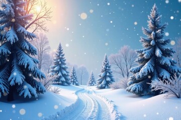 Obraz premium Snowy winter wonderland with frosted trees and sparkling snowflakes, festive lights, winter