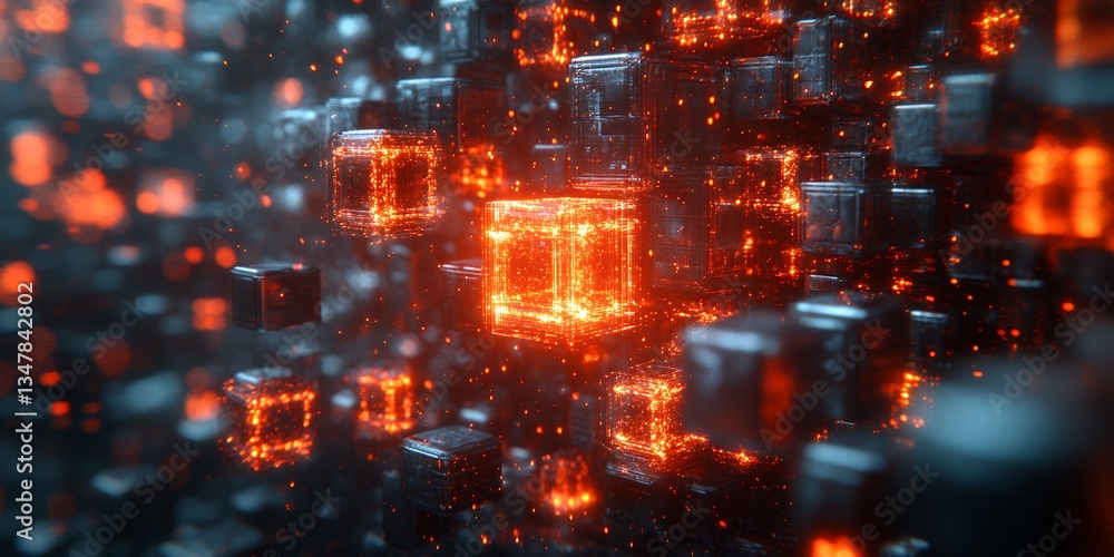 Poster abstract glowing cubes digital technology background futuristic 3d render of illuminated blocks