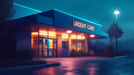 Exterior View of Urgent Care Facility with Neon Lights at Night in Urban Setting Featuring Dark Architecture and Emphasis on Healthcare