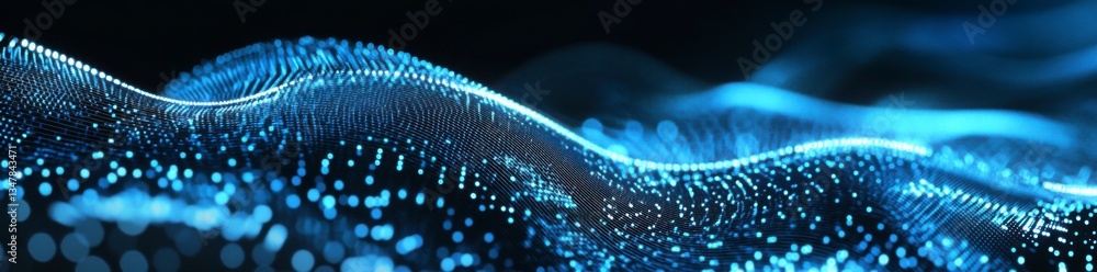 Poster abstract background with a blue wave of dots and a glowing light effect on a gradient sky-colored ba