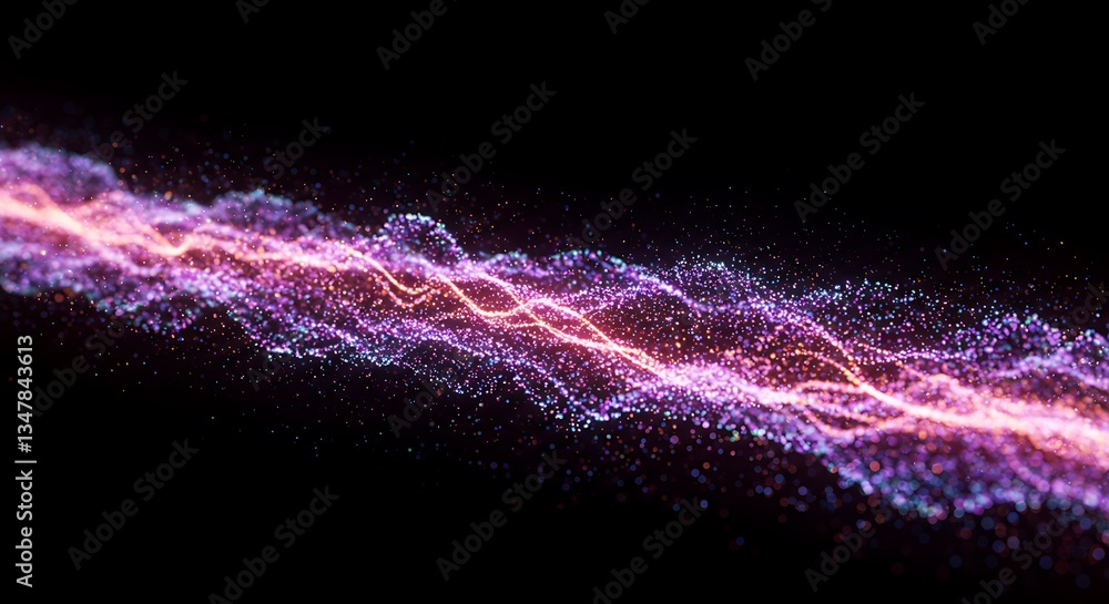 Poster dynamic wavy particle stream of glowing energy flow on black backdrop abstract digital art high reso