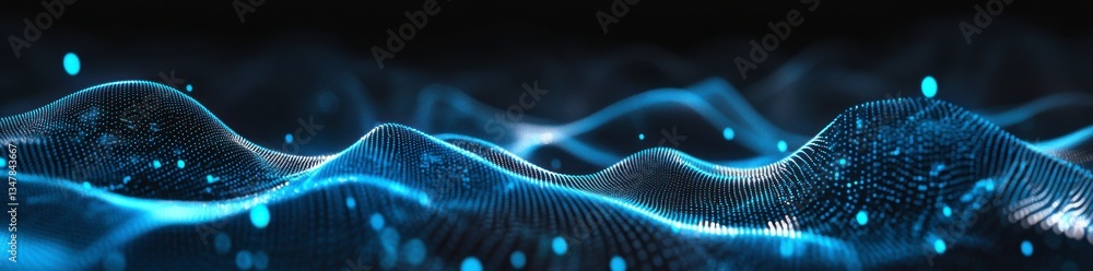 Poster abstract background with a blue wave of dots and a glowing light effect on a gradient sky-colored ba
