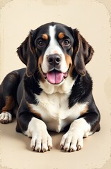 Portrait of a Bernese Mountain Dog. Colored drawing on a light background. For decoration, design, printing, posters, postcards, stickers, t-shirts, embroidery