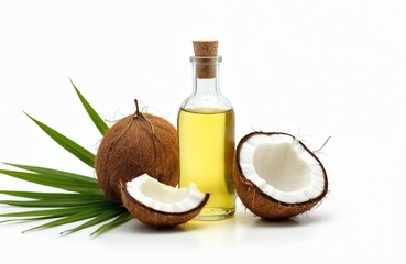 Coconut oil bottle next to halved coconut with white flesh on white background. Tropical ingredient for beauty, cooking, skincare. Healthy product for skin nourishment. Vegan, vegetarian product.