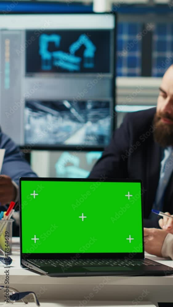 Poster vertical video factory engineers study schematics, refining production layouts using chroma key lapt