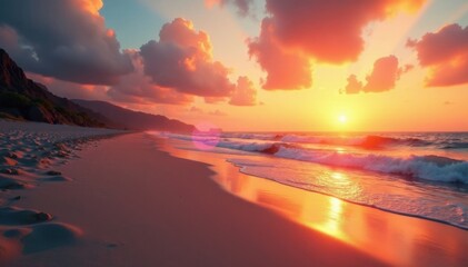 Softly glowing sunset illuminates a serene sandy shoreline, natural, wave