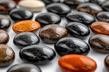 A variety of black soft-gel and solid tablets spread across a clean white background, hyper-realistic details, pharmaceutical precision, soft reflections, and subtle depth of field