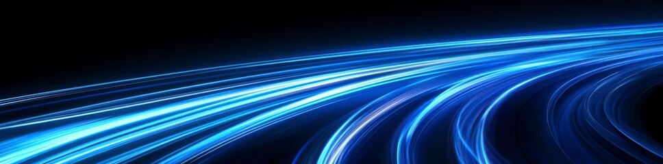 Fototapeta premium Abstract blue, glowing light speed lines in curved motion on a black background