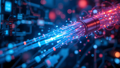 A glowing fiber optic cable transfers digital signals at high speed.