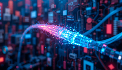A futuristic fiber optic cable transfers data with vibrant lights.