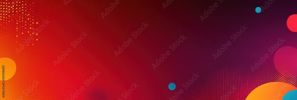 Poster red background, red gradient with blue and orange circles, geometric shapes, graphics, web design ba