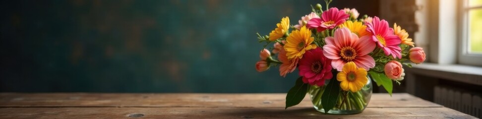 Spring flower bouquet on rustic wooden table with warm lamp, wooden table, spring bouquet