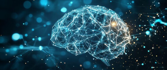 Digital brain concept with glowing neural connections on a dark background, an AI technology