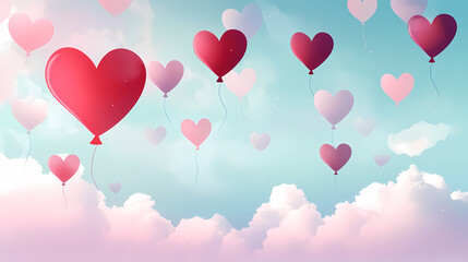 Floating heart-shaped balloons in the sky