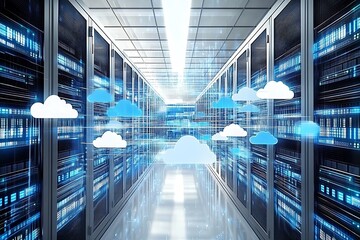A Server Room with Cloud Graphics and Data Visualization
