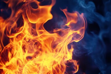 Burning flames of orange and yellow colors with blue smoke