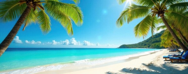 Sunny beach scene with palm trees and turquoise ocean water ,  sandy,  weather