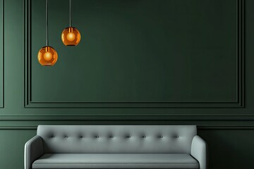 Modern minimalist living room with dark green walls and grey sofa