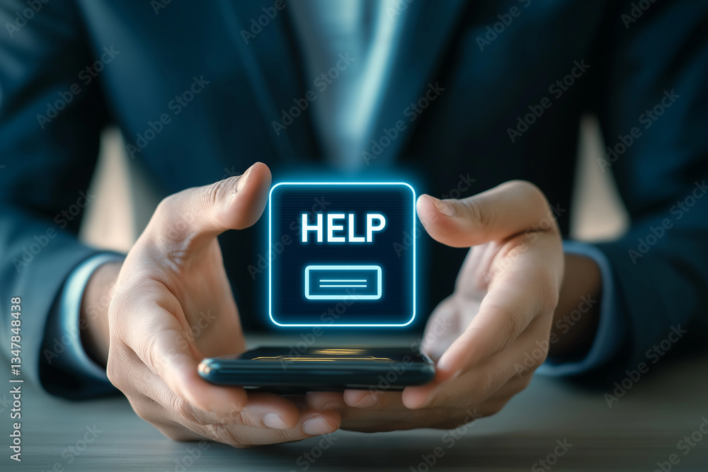 Poster businessman using smartphone showing help sign and requesting assistance