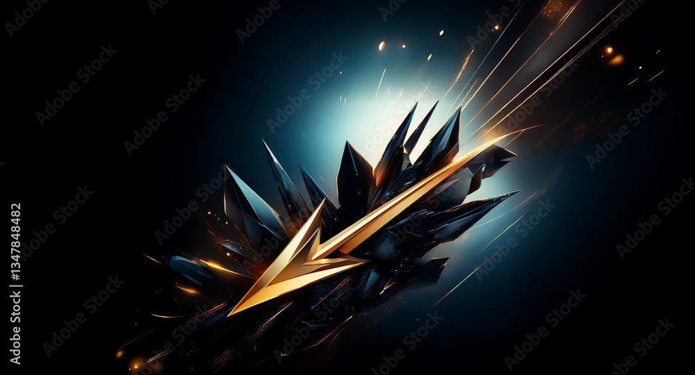 Poster a golden arrow dynamically pierces a dark, crystalline structure. bright light rays emanate from the