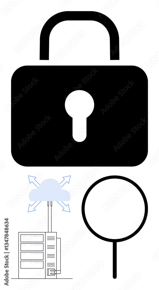 Poster lock symbolizing security, cloud connected to a server, and magnifying glass representing data searc