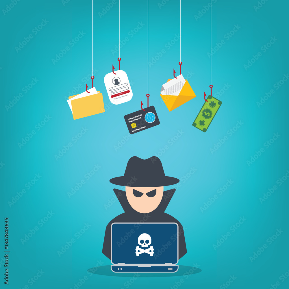 Poster hacker with laptop computer stealing confidential data, personal information and credit card detail.