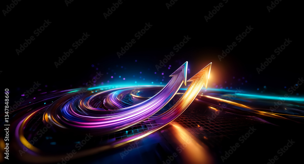 Poster a vibrant, glowing arrow dynamically curves upward on a dark backdrop, creating a sense of motion an