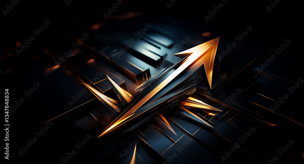 Poster golden arrow pointing upwards and right on a dark abstract geometric backdrop. sharp edges and metal